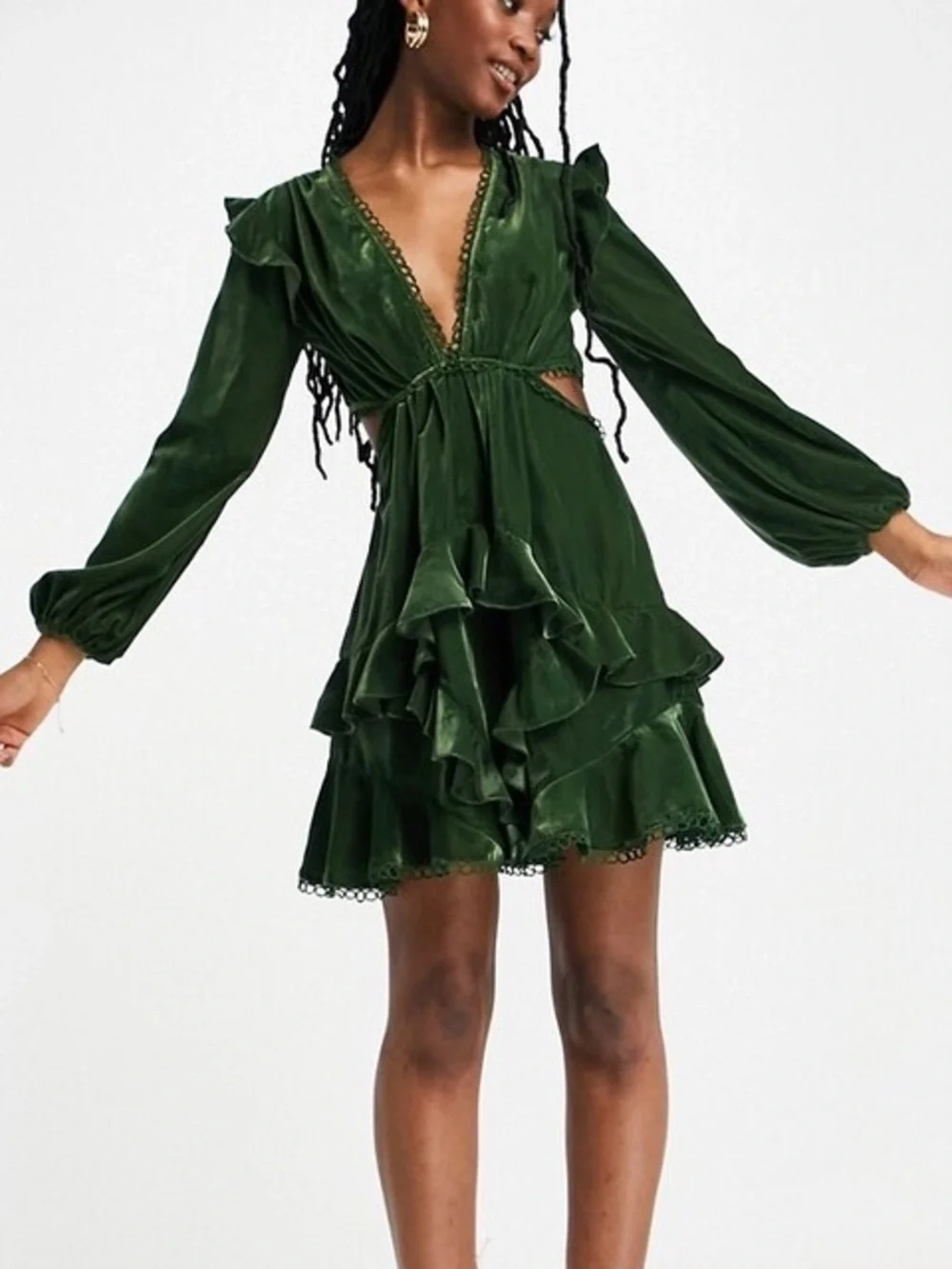 ASOS Emerald Green Velvet Ruffle Romantic Mini Dress Size 4 - Picture 1 of 9